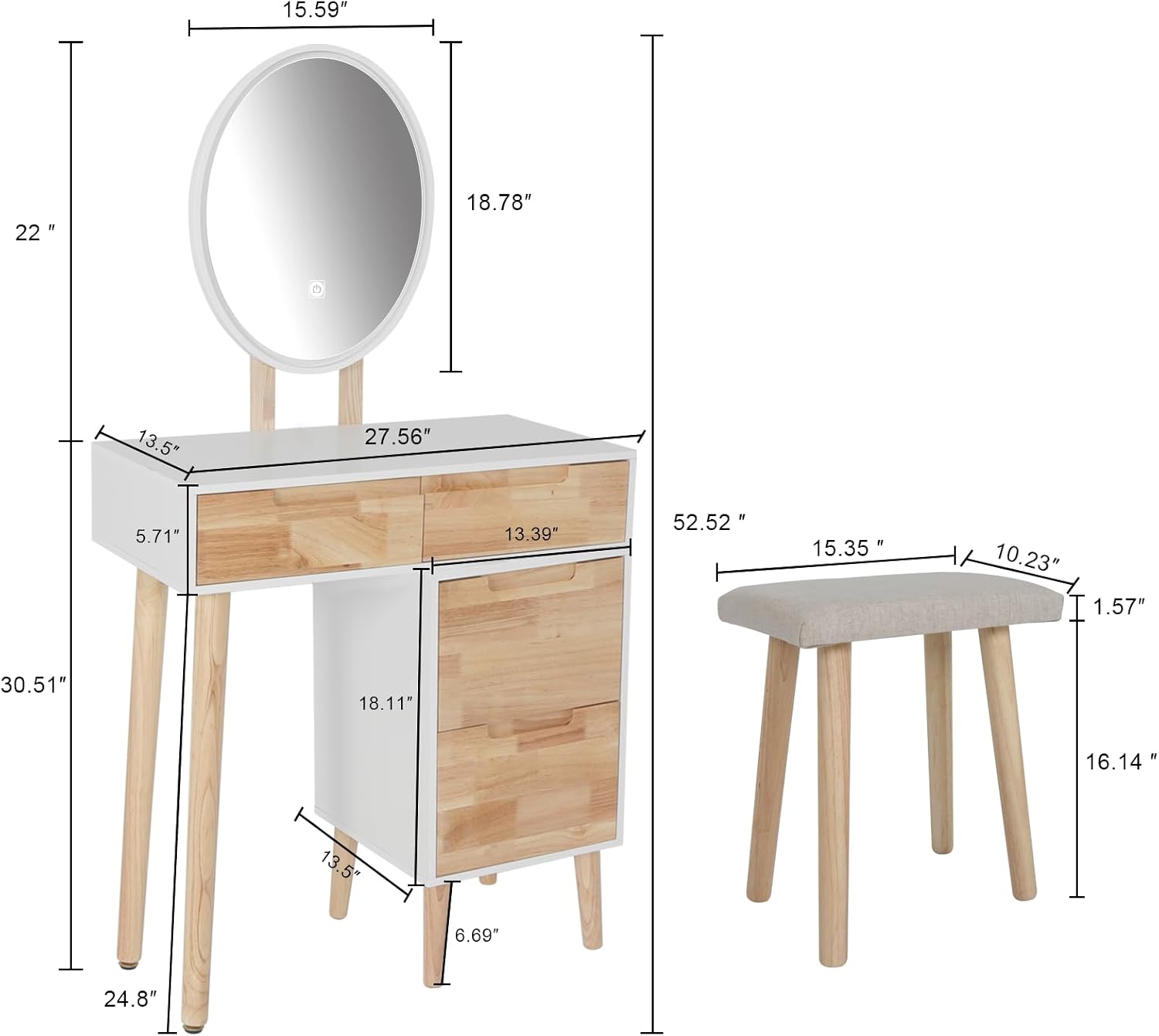YOURLITE Makeup Vanity Desk with Lights, Small Vanity with 4 Drawers for Small Spaces, Dressing Table Set 3 Colors Adjustable Lighting Brightness Mirror