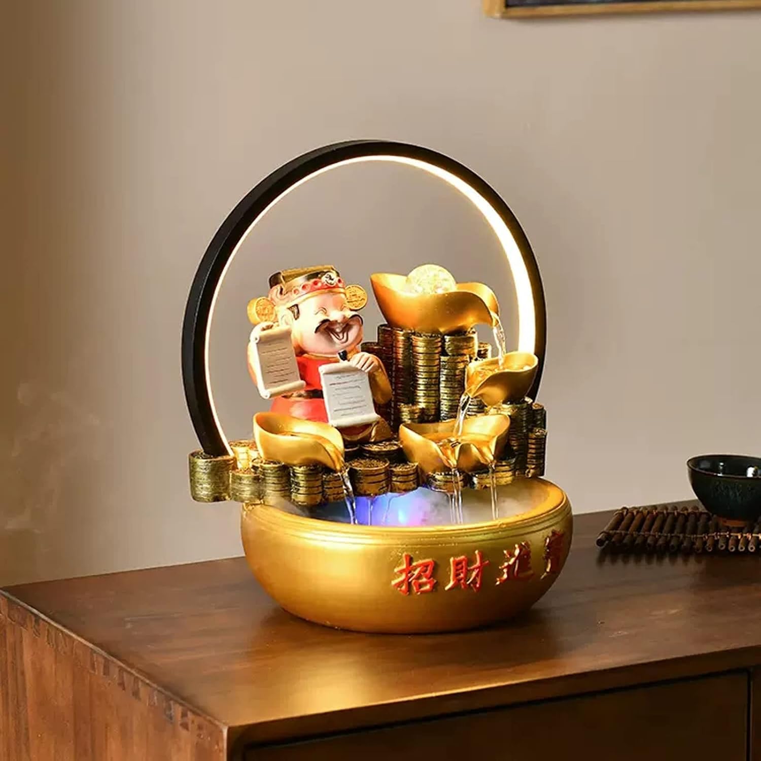 Tabletop Water Fountain Chinese Lucky Fortune Tabletop Fountain Waterfall Desktop Electric Water Fountain Decor w/LED Indoor Portable Tabletop Decorative Meditation Waterfall Kit Includes Submersible