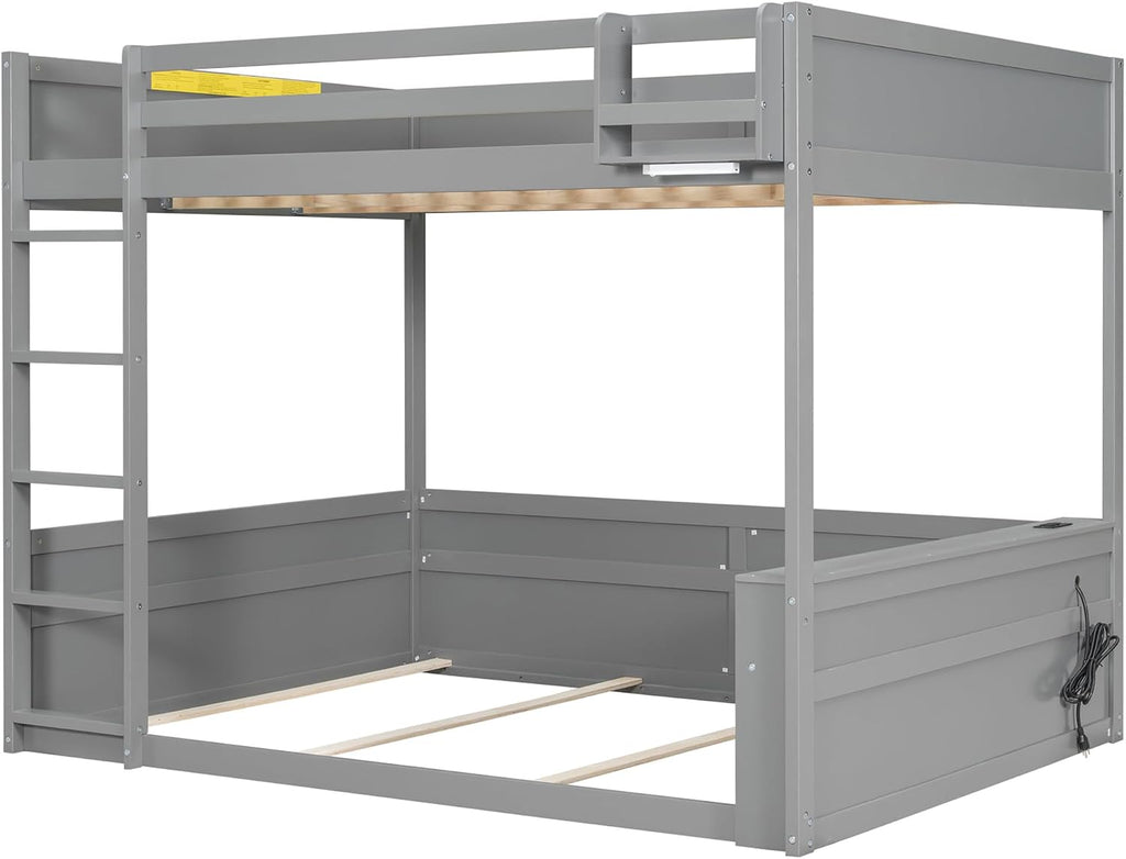 RUNNA Queen Size Wooden Bunk Bed with Built-in Shelves,Storage Box,LED Light and USB Charging Station,No Box Spring Needed (Grey/USB1)