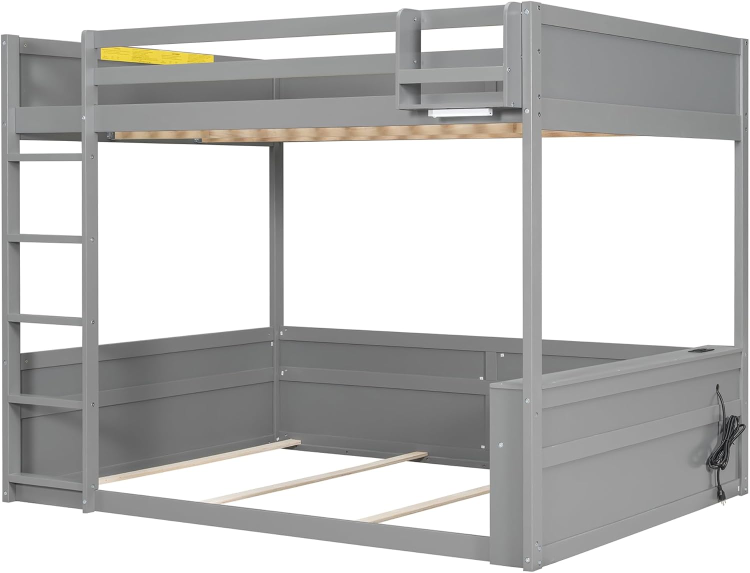 RUNNA Queen Size Wooden Bunk Bed with Built-in Shelves,Storage Box,LED Light and USB Charging Station,No Box Spring Needed (Grey/USB1)
