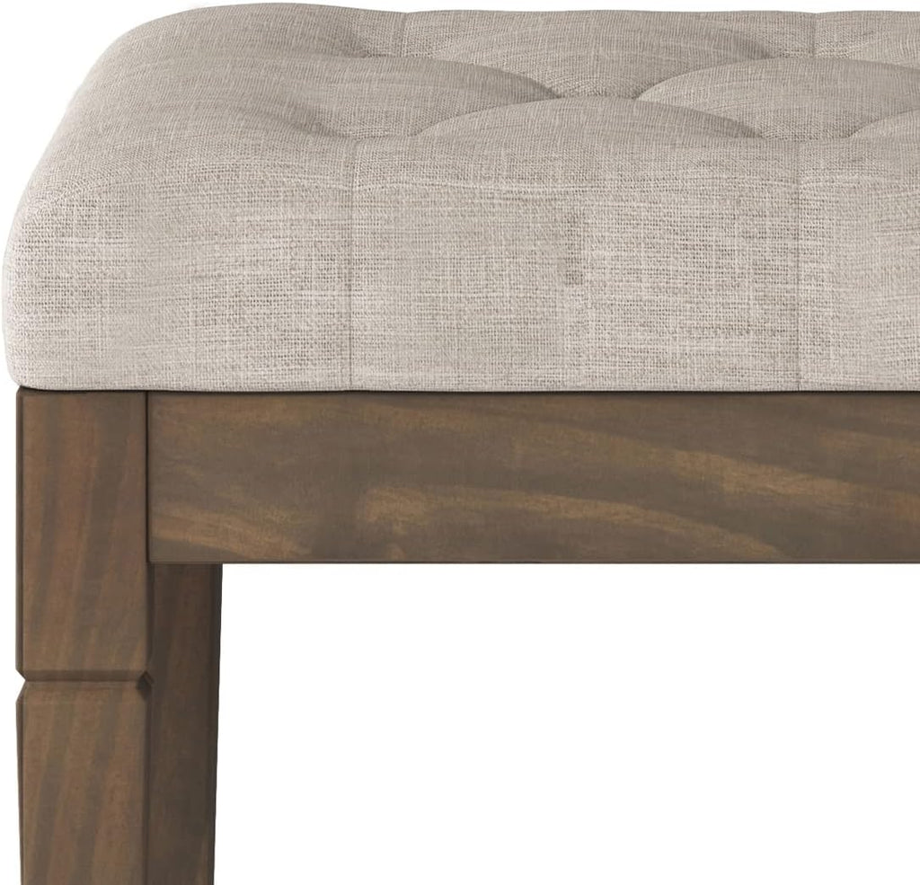 SIMPLIHOME Waverly Small Tufted Ottoman Bench - 28 inch Wide Upholstered Linen Look Fabric Rectangle Footstool Ottoman in Natural, Traditional Bench for Bedroom or Living Room with Carved Legs