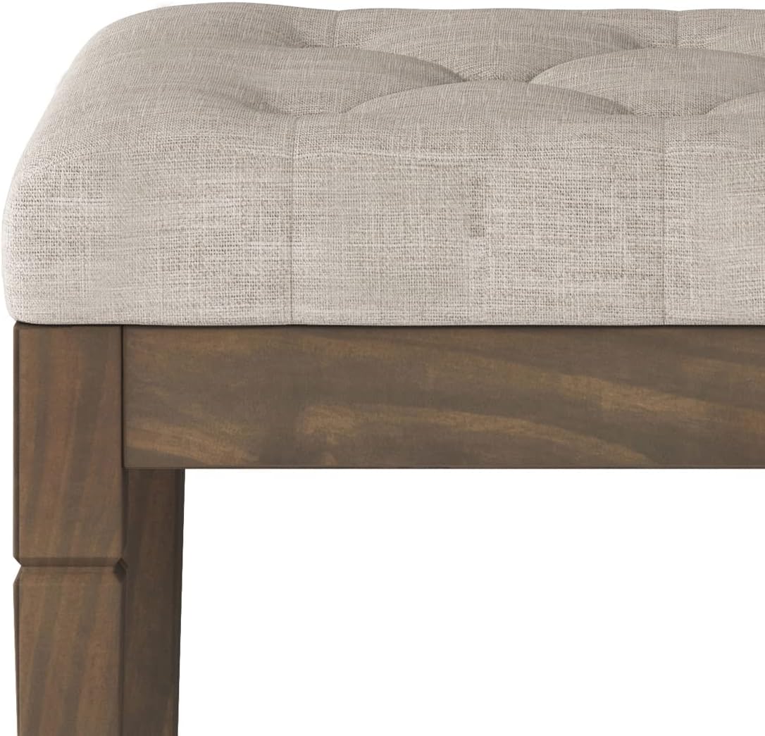 SIMPLIHOME Waverly Small Tufted Ottoman Bench - 28 inch Wide Upholstered Linen Look Fabric Rectangle Footstool Ottoman in Natural, Traditional Bench for Bedroom or Living Room with Carved Legs