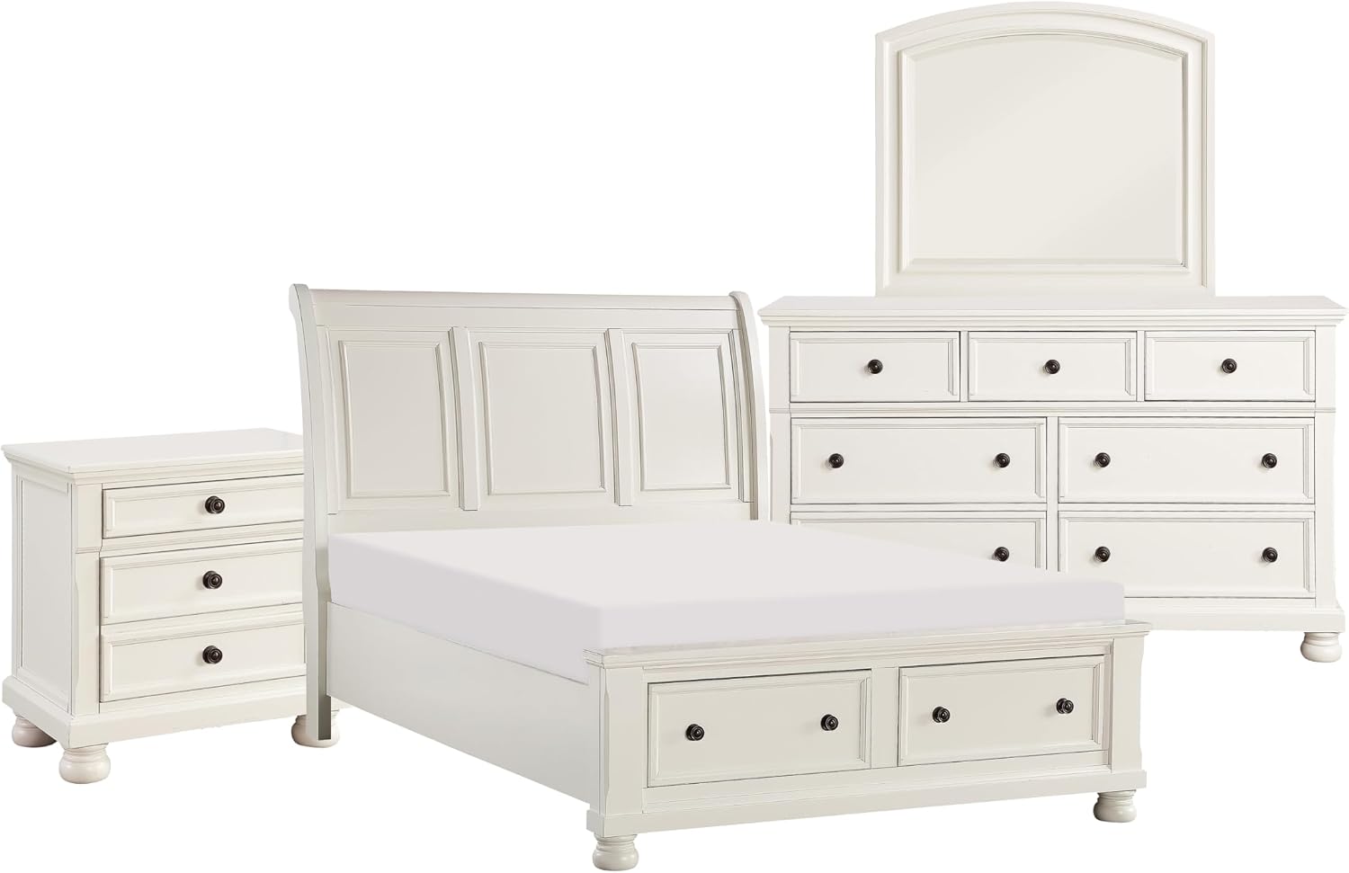Ben Four Piece Queen Size Bedroom Set- Transitional Style- White- Bronze