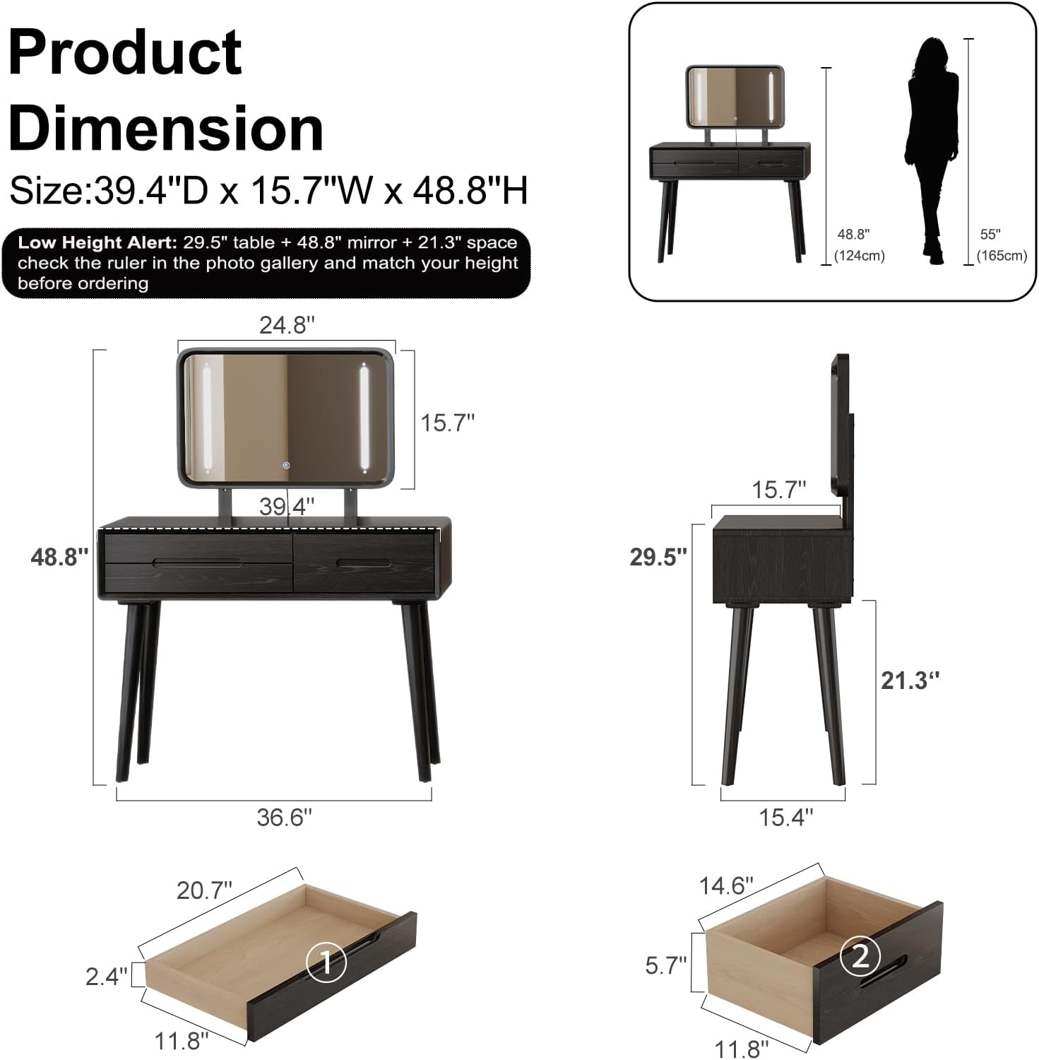Solid Wood Vanity with Mirror and Lights, Adjustable Brightness, Wood Makeup Vanity with 3 Drawers, Semi-Assembled, Vanity Desk for Bedroom (Black)