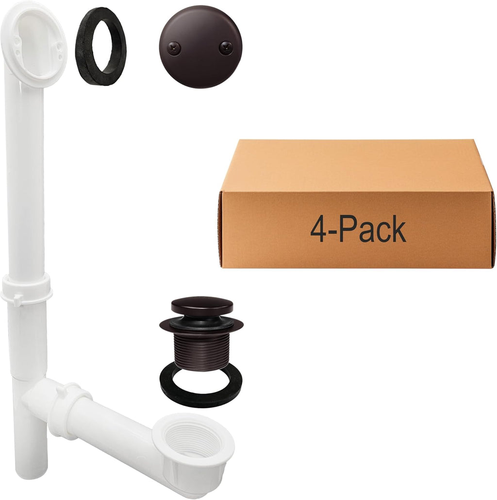 Westbrass 593244-4-12 14' x 1-1/2' White Tubular Bathtub Waste & Overflow Assembly with Tip-Toe Drain Plug and 2-Hole Faceplate, Oil Rubbed Bronze (4-Pack)