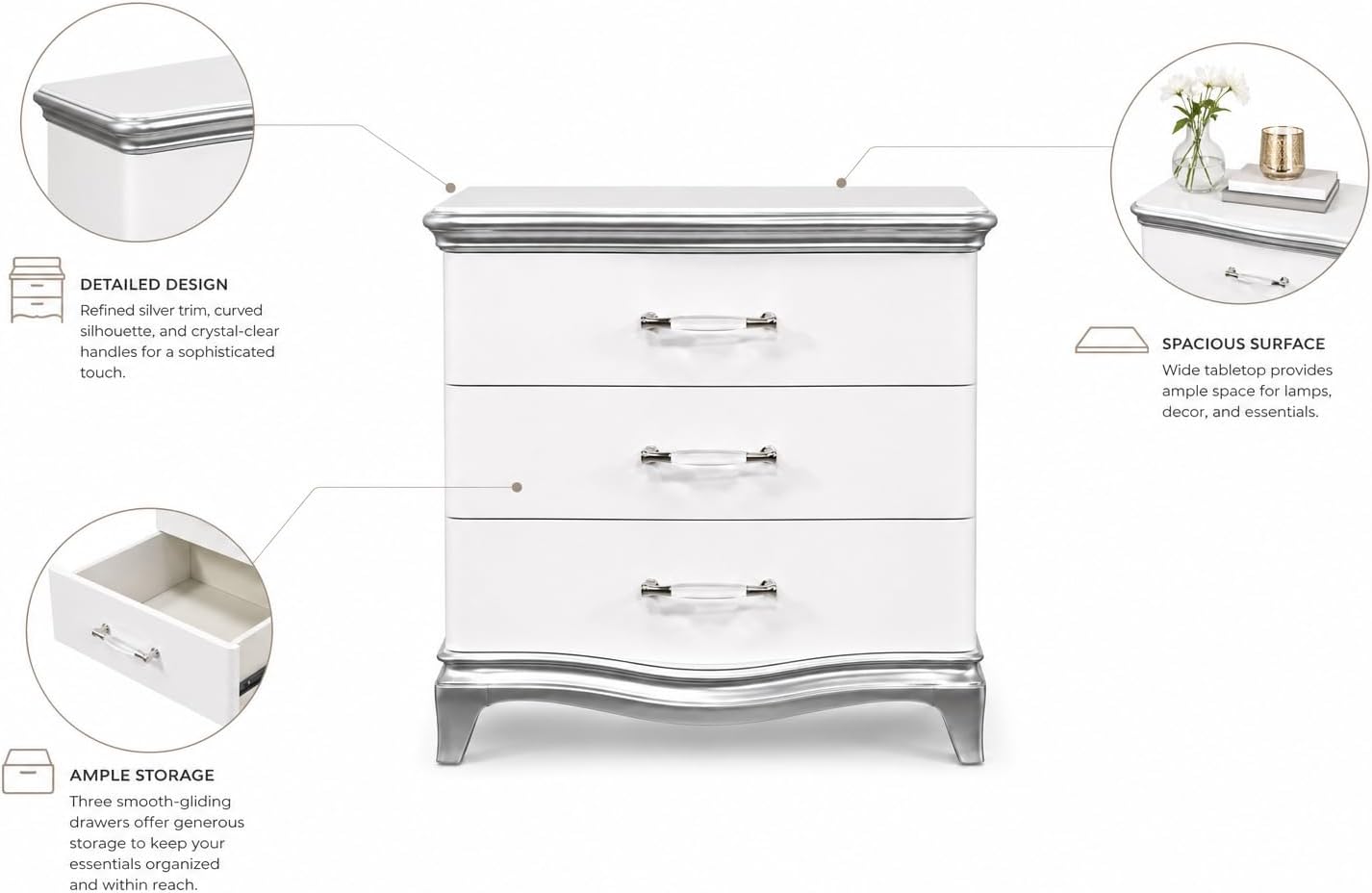 First of a Kind Nightstand Traditional Wood Bedside Table Nina Collection White Silver Finish Classic European Design Curved Detailing Elegant Coordinated Furniture Piece