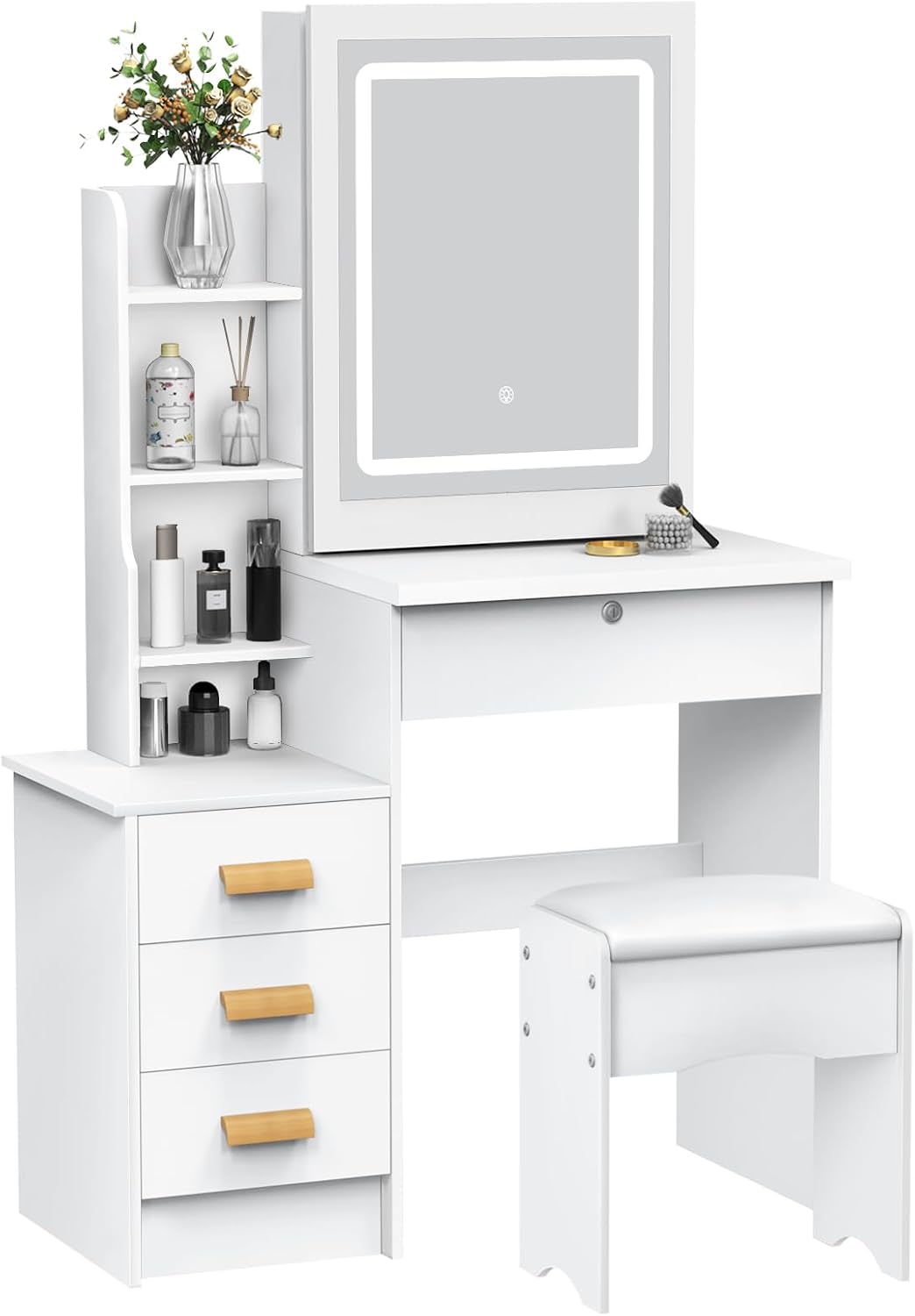 Vanity Desk with Mirror and Lights,Makeup Vanity Desk with Lights 3 Colors,Vanity with 4 Drawers,6 Shelves,Vanity Table Set with Bench for Bedroom,Dressing Table and Chair Set for Women Girls (White)