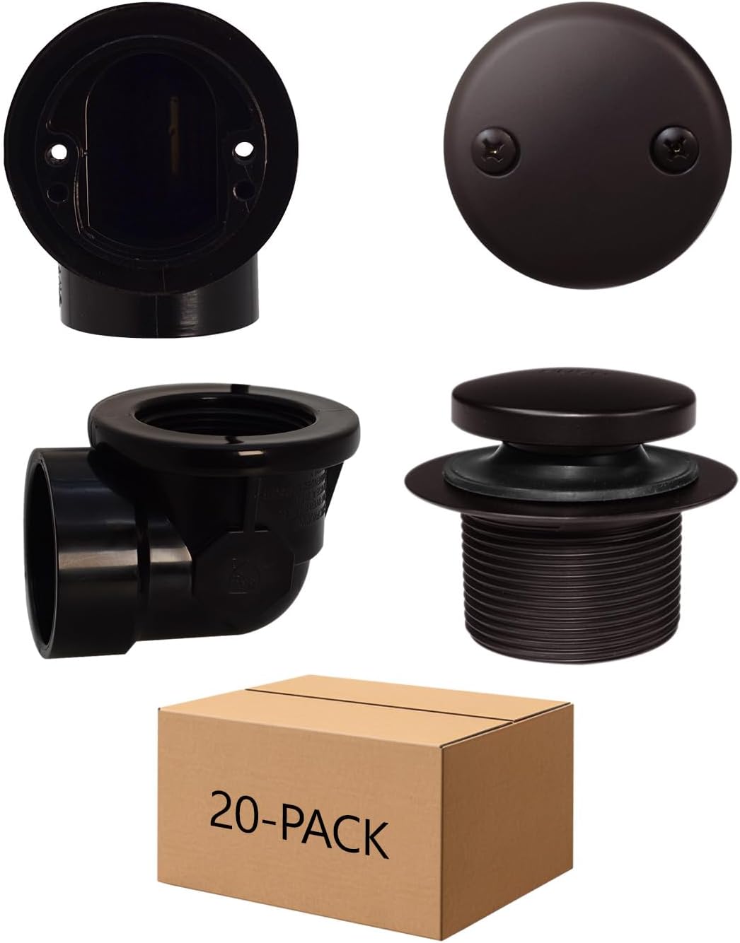 Westbrass D534-20-12 SCH. 40 ABS 1-1/2' Course Thread Plumber's Pack Tip-Toe Bathtub Drain Plug with Two-Hole Elbows, 20-Pack, Oil Rubbed Bronze, 20 Count
