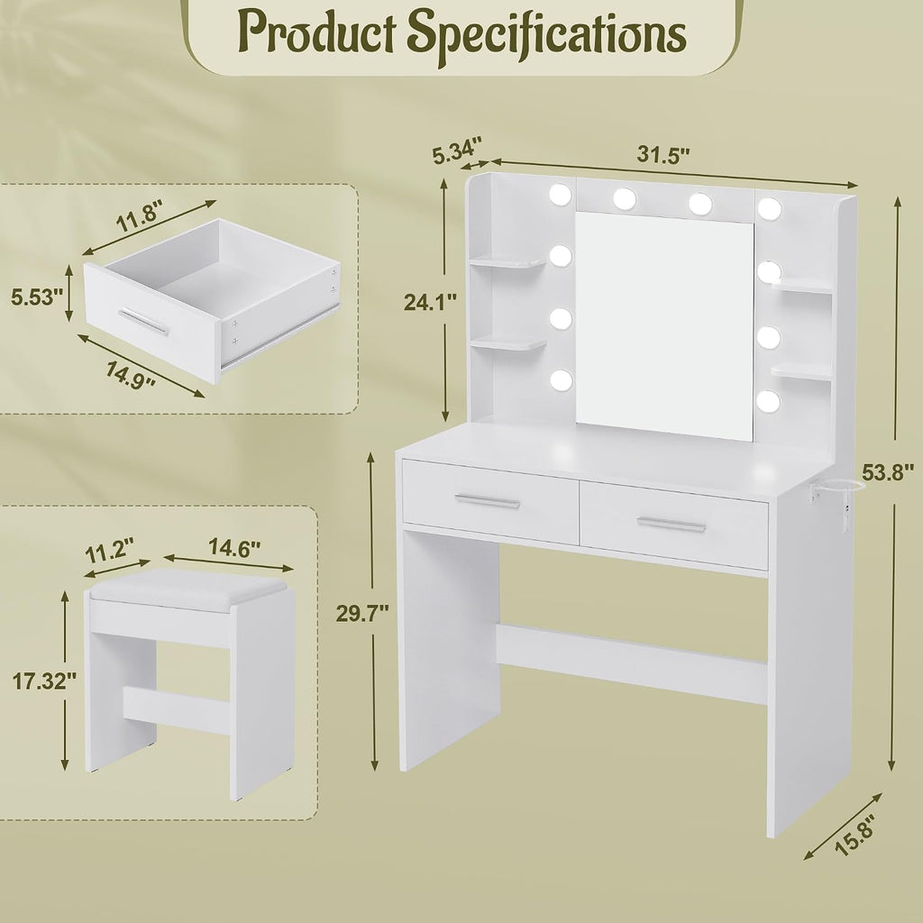 YESHOMY Vanity Desk with Mirror, Makeup Table with 2 Large Drawers, Power Outlet and Round Holder, 3 Color Modes Adjustable Bulb, Bench Included, Easy Assembly, Gloss White
