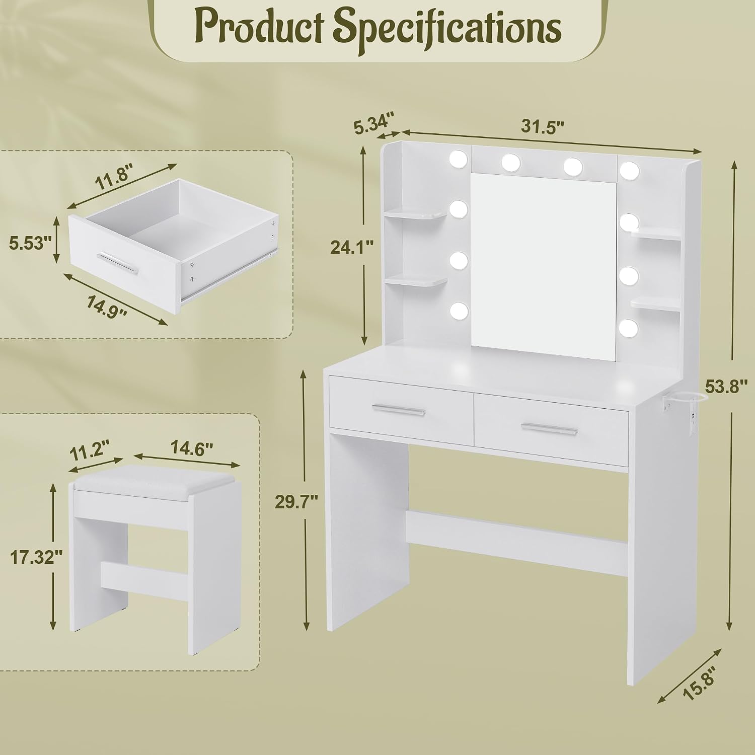 YESHOMY Vanity Desk with Mirror, Makeup Table with 2 Large Drawers, Power Outlet and Round Holder, 3 Color Modes Adjustable Bulb, Bench Included, Easy Assembly, Gloss White