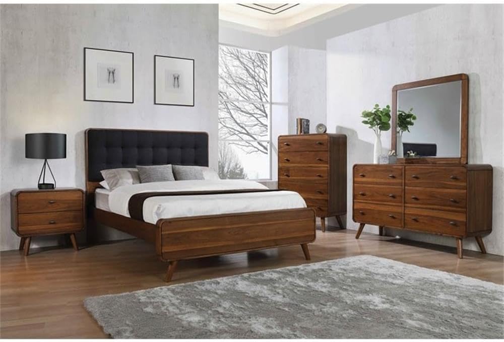 Pemberly Row 5-Piece Eastern King Wood Bedroom Set, Dark Walnut and Dark Gray Finish, Upholstered Headboard, Mid-Century Style with Storage, Includes Bed, Dresser, Mirror, Nightstand, and Chest