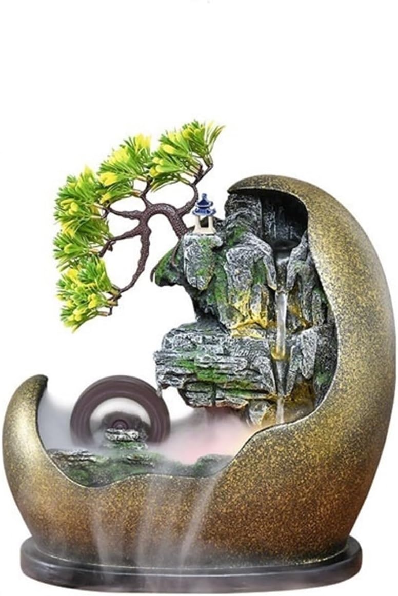 Tabletop Water Fountain Tabletop Waterfall Fountain – Adjustable Pump or Faux Bonsai Tree, Resin Indoor Desk Fountain Décor Office Relaxation Meditation Fountain(Gold)