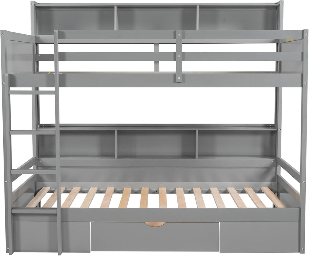 RUNNA Unique Solid Wood Bunk Bed with Storage Drawer and Built-in Shelves,Twin Size Bunk Bed with Safeguard Railings and Ladder,for Kids Teens Bedroom Use (Gray#q)