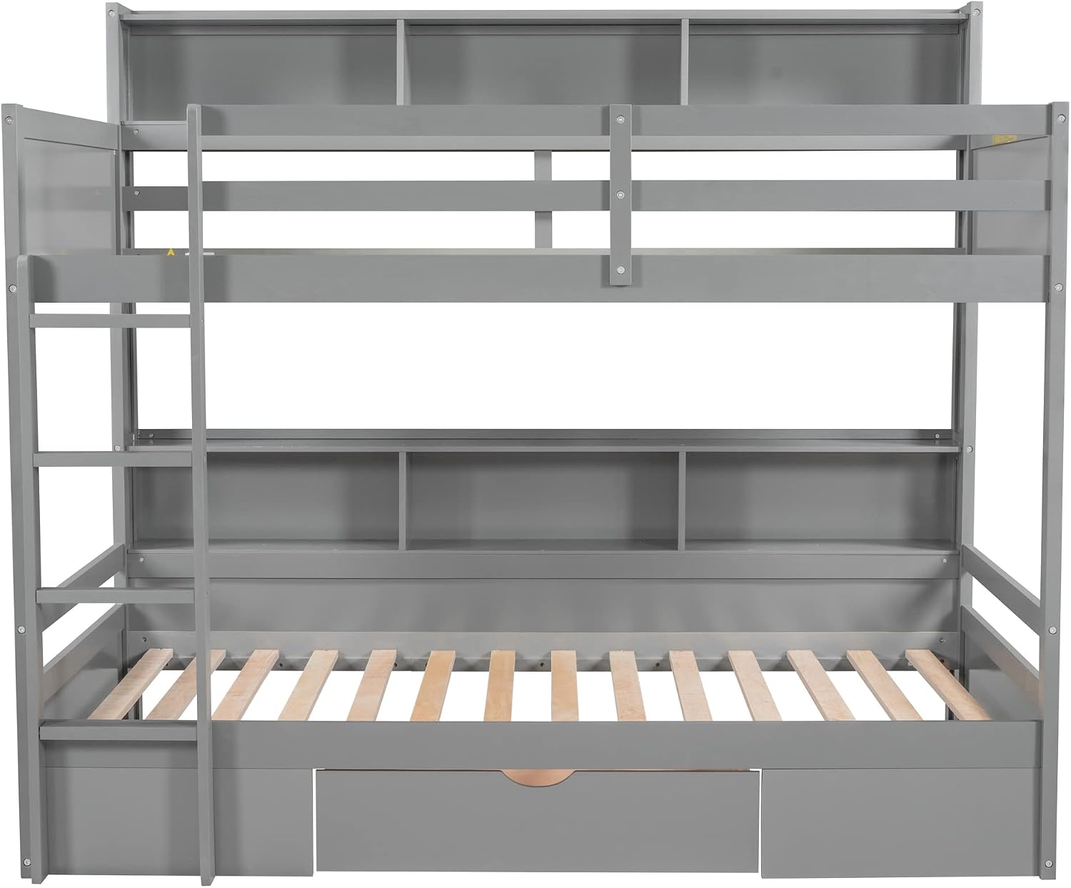 RUNNA Unique Solid Wood Bunk Bed with Storage Drawer and Built-in Shelves,Twin Size Bunk Bed with Safeguard Railings and Ladder,for Kids Teens Bedroom Use (Gray#q)