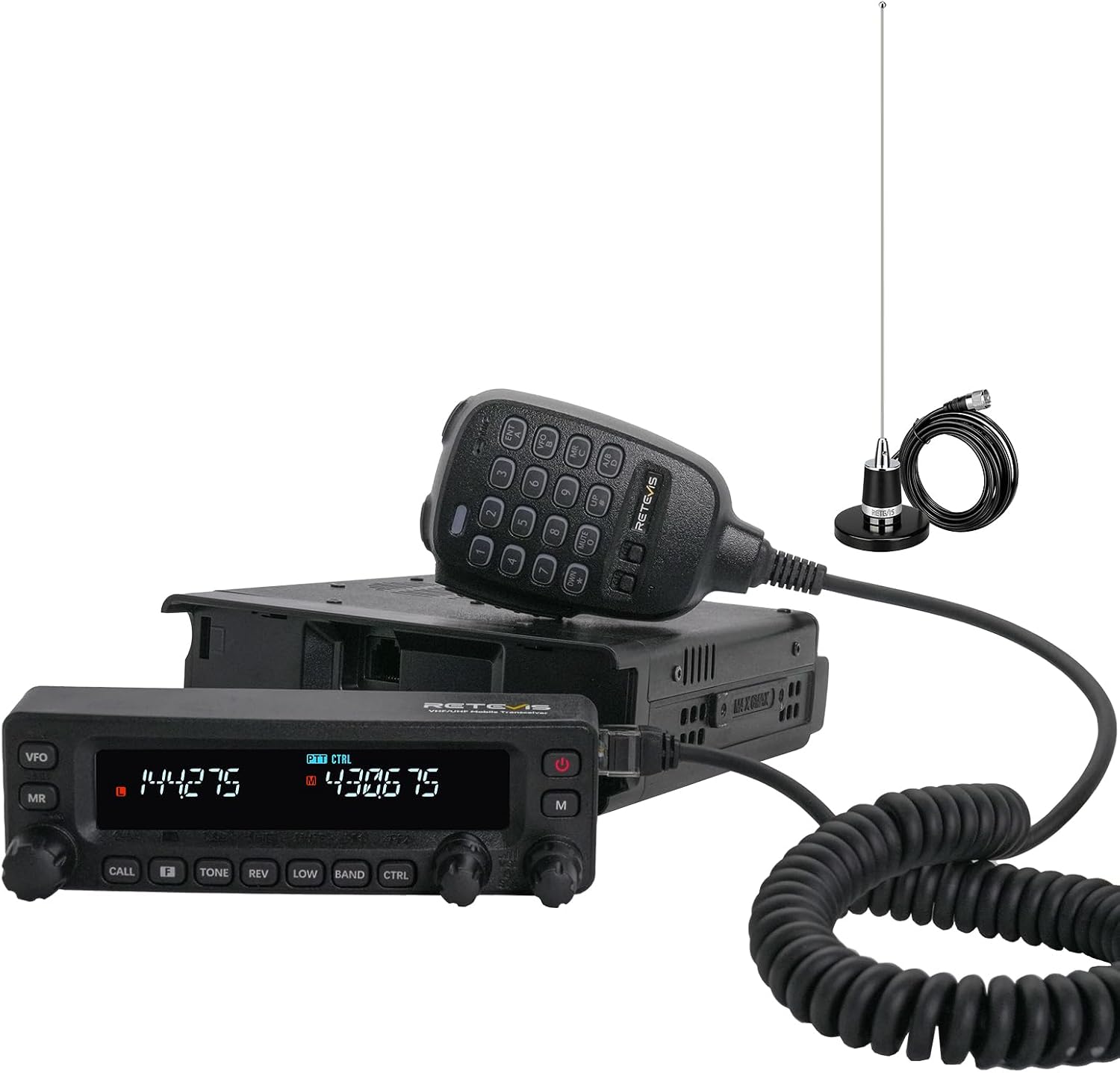 Retevis MA1 Dual Band Mobile Ham Radio|Cross-Band Repeater 2-in-1 Transceiver|Superheterodyne Receiver |2m/70cm/Air Band Reception| Detachable Control Panel | Long Range Base Station with Antenna