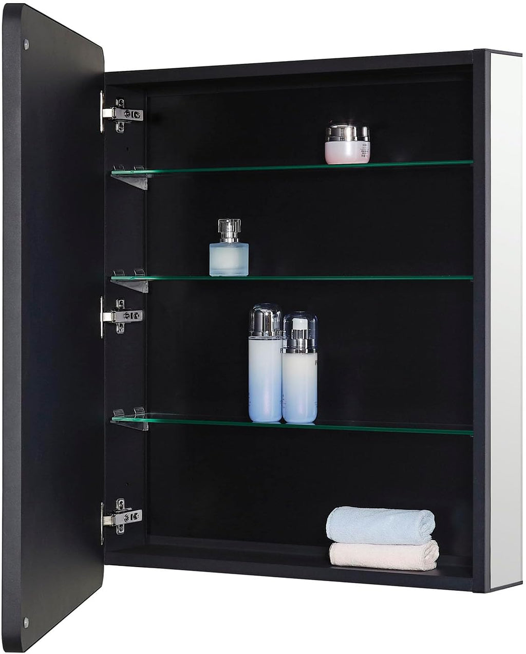 IDYLLOR Black Bathroom Mirror Medicine Cabinet with Round Corner Framed Door 24 x 30 inch, Recessed or Surface Mount, with Adjustable Glass Shelves