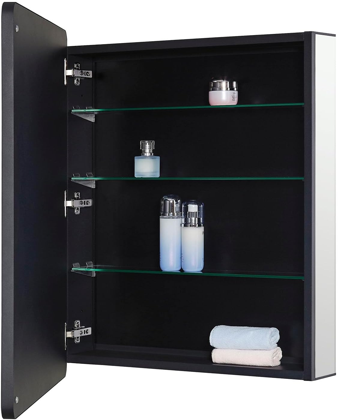 IDYLLOR Black Bathroom Mirror Medicine Cabinet with Round Corner Framed Door 24 x 30 inch, Recessed or Surface Mount, with Adjustable Glass Shelves