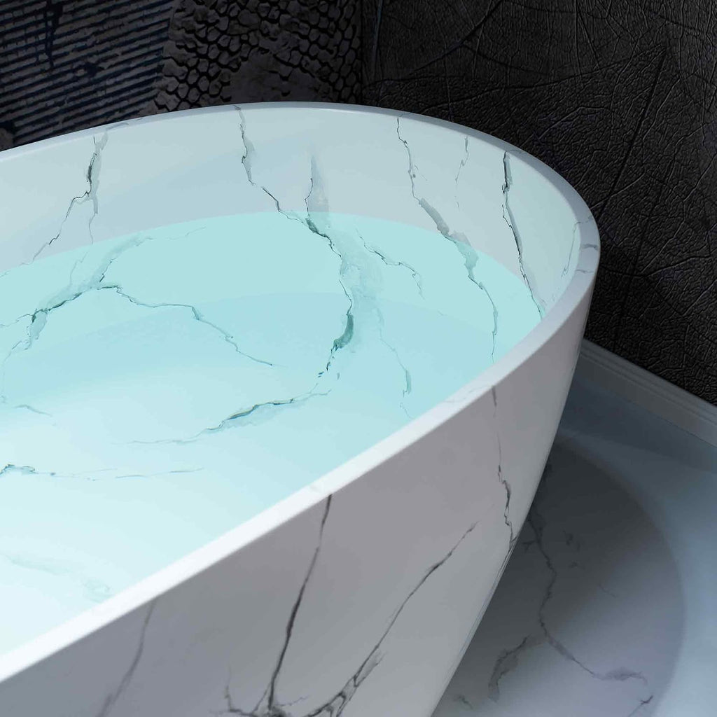 WOODBRIDGE 63' Marble-Pattern Stone Resin Freestanding Soaking Tub, Modern Oval Solid Surface Bathtub with Integrated Slotted Overflow & Drain, Matte Finish, CST0744