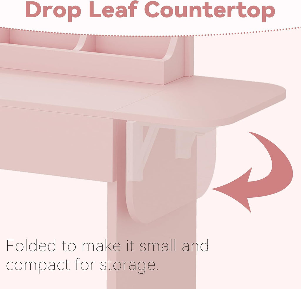 IRONCK Vanity Desk with LED Lighted Mirror & Power Outlet, Makeup Table with Drawers & Cabinet,Storage Stool,for Bedroom, Pink