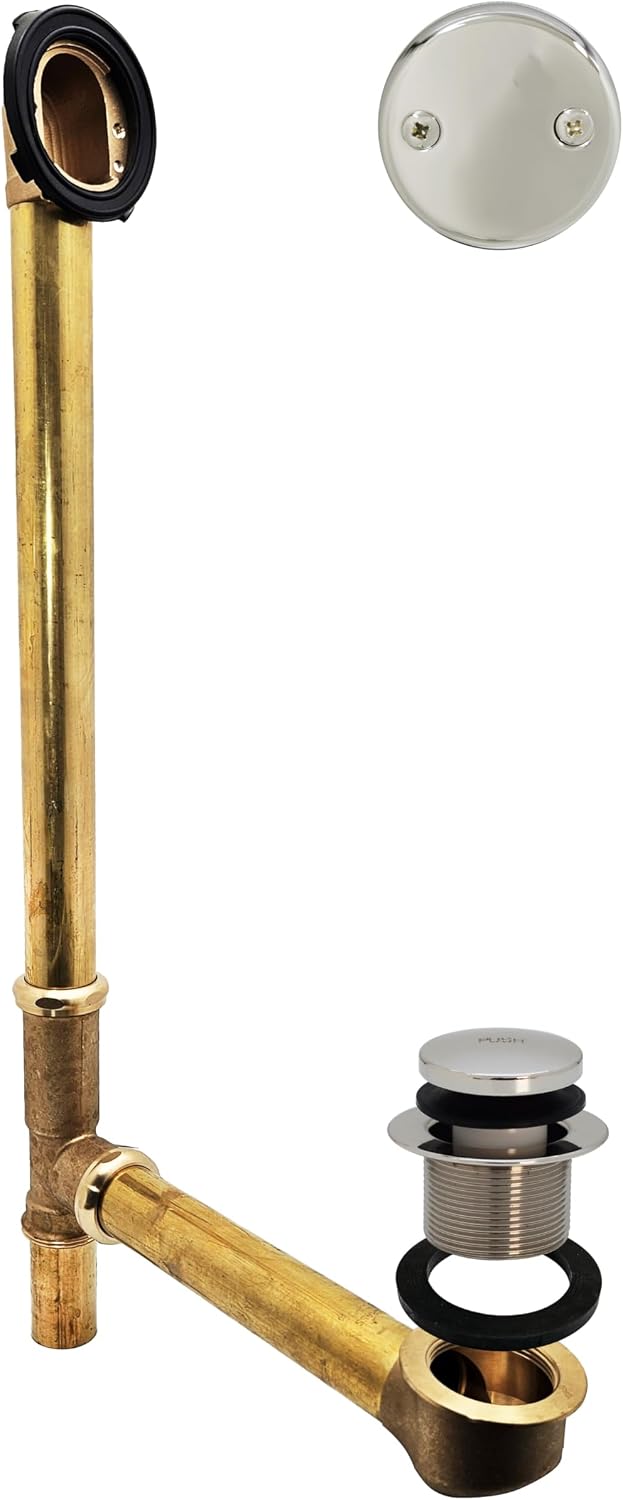 Westbrass A326-05 22-1/2' Brass Bath Waste & Overflow Assembly with Tip-Toe Drain Plug and 2-Hole Faceplate, Polished Nickel