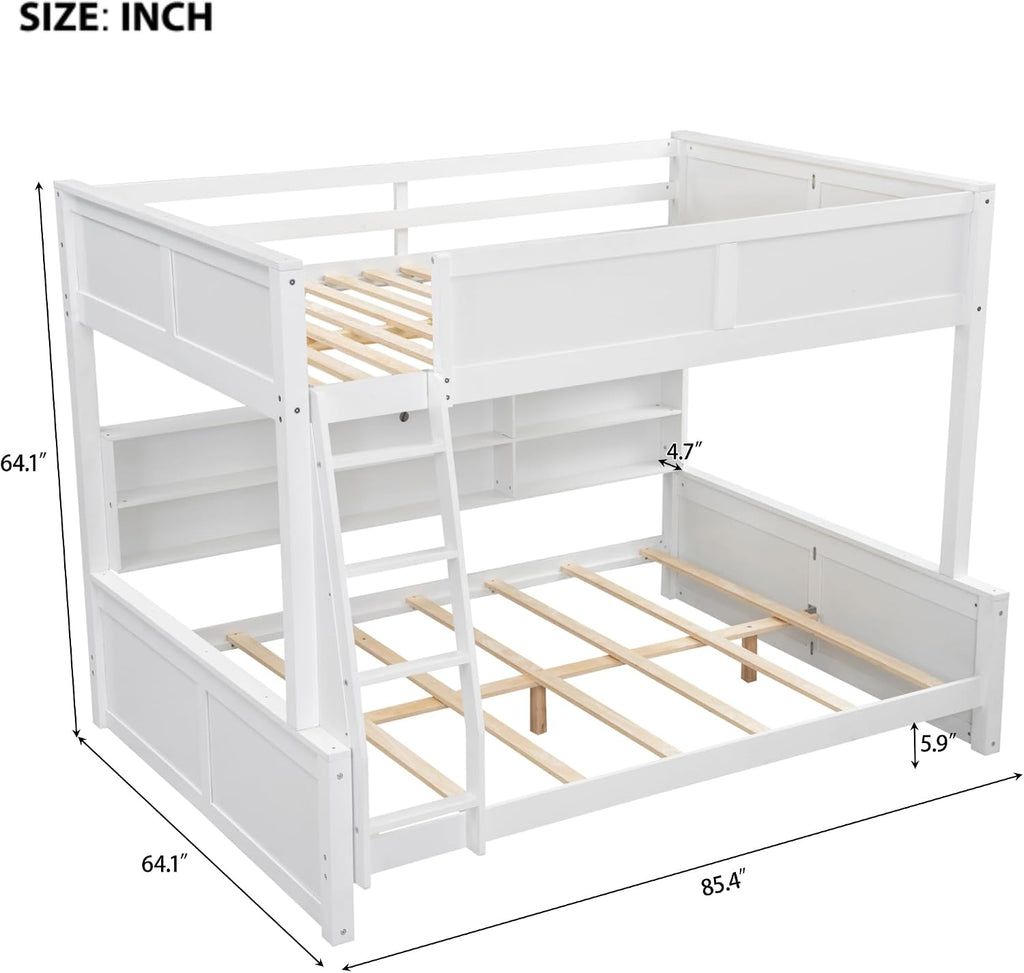 RUNNA Twin XL Over Queen Bunk Bed with Storage Cabinets and USB Ports, Solid Pine Wood Frame, Safety Guard Rails, No Box Spring Needed (Antique White1, Twin XL Over Queen)