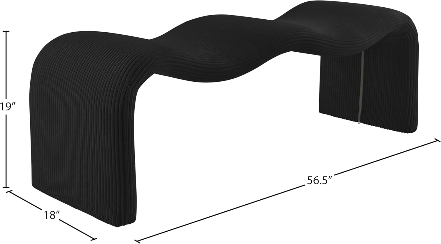 Meridian Furniture 22097Black Willow Collection Modern | Contemporary Bench with Soft Black Microsuede Corduroy Fabric, Iron Metal Inner Frame, 56.5' W x 18' D x 19' H, Black