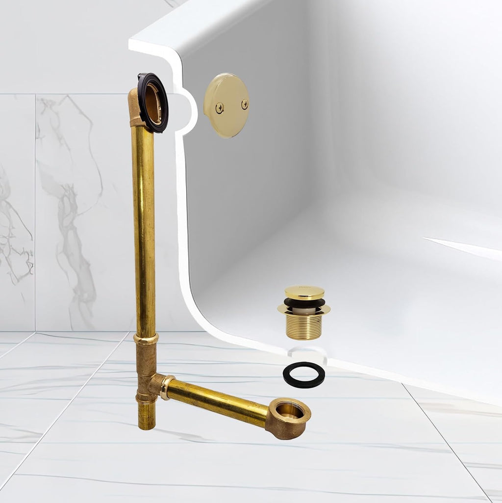 Westbrass A326-01 22-1/2' Brass Bath Waste & Overflow Assembly with Tip-Toe Drain Plug and 2-Hole Faceplate, Polished Brass