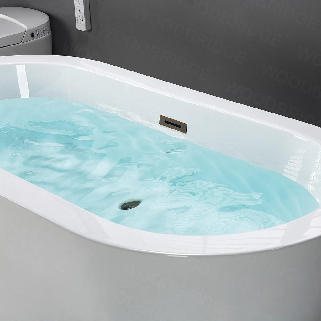 WOODBRIDGE 59' Acrylic Freestanding Bathtub Contemporary Soaking White Tub with Oil Rubbed Bronze Overflow and Drain, B0012-ORB-Drain &O