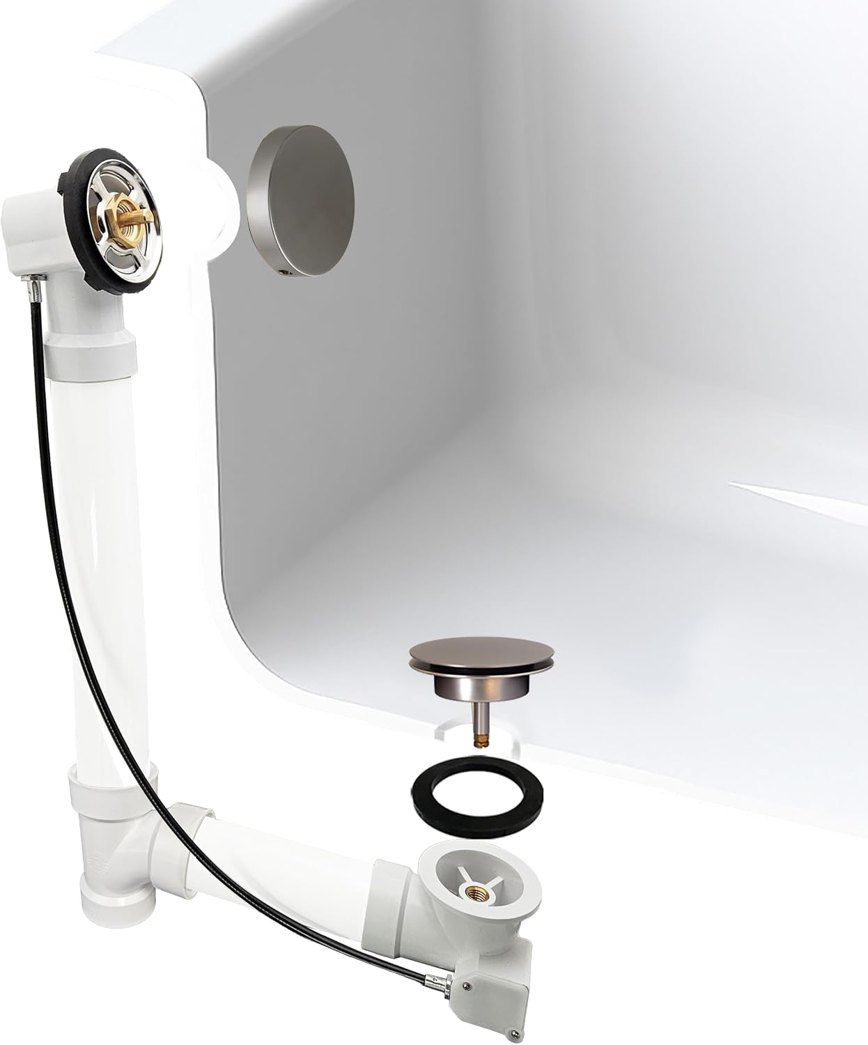 Westbrass D50P27SRE-07 27' Cable Drive Bathtub Drain Trim with Rotary Overflow Cover Knob, Pop-Up Stopper Sch. 40 PVC Fittings, Satin Nickel