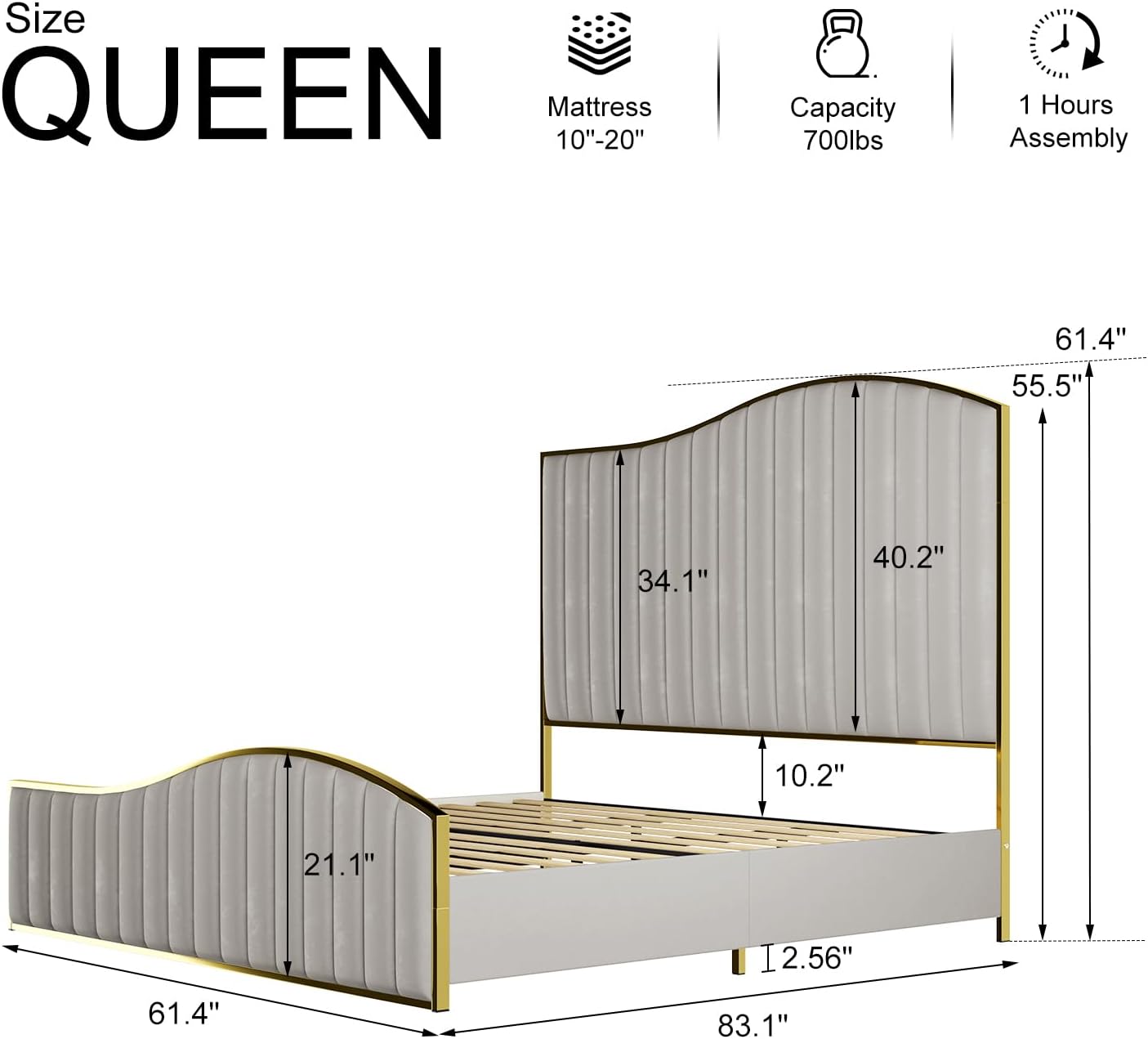 HOWE Queen Size Harp Bed Frame with 61.4' Extra Tall Curved Headboard, Velvet Upholstered Platform Bed with Gold Trim Accented Footboard, No Box Spring Needed, Wooden Slat Support, Light Grey