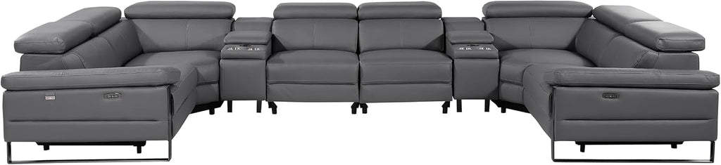 BlackJack Furniture Antonio 8 Piece U Shaped Power Reclining Sectional Sofa, Modular Couch with Top Grain Italian Leather, 4 Electric Recliners, USB & Wireless Chargers, Storage Console, Dark Grey