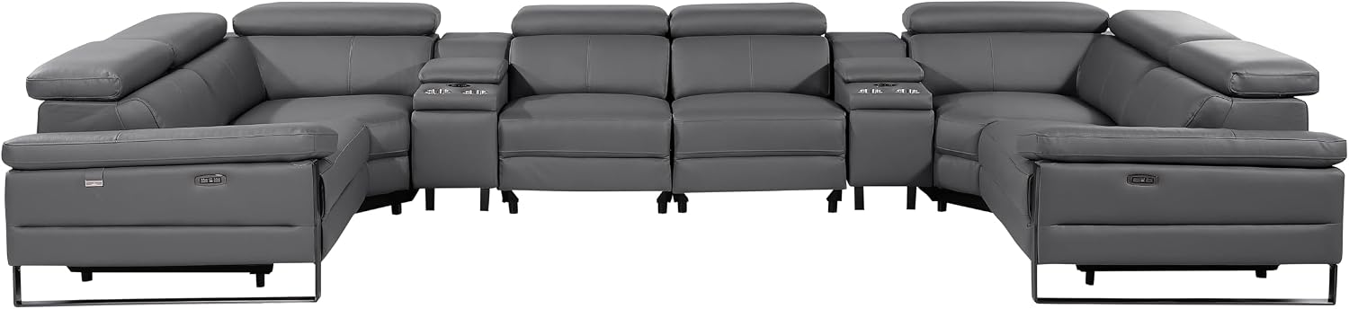 BlackJack Furniture Antonio 8 Piece U Shaped Power Reclining Sectional Sofa, Modular Couch with Top Grain Italian Leather, 4 Electric Recliners, USB & Wireless Chargers, Storage Console, Dark Grey