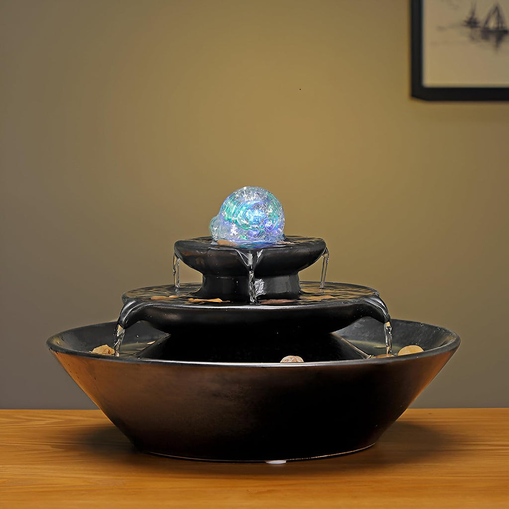 11.8' Indoor Tabletop Fountain, Ceramic Multi-Tier Waterfall with Crystal Ball & Fish Tank Feature, Free 10pcs Natural Crystals, Zen Home/Office/Entryway Decor, Housewarming Gift(Black)