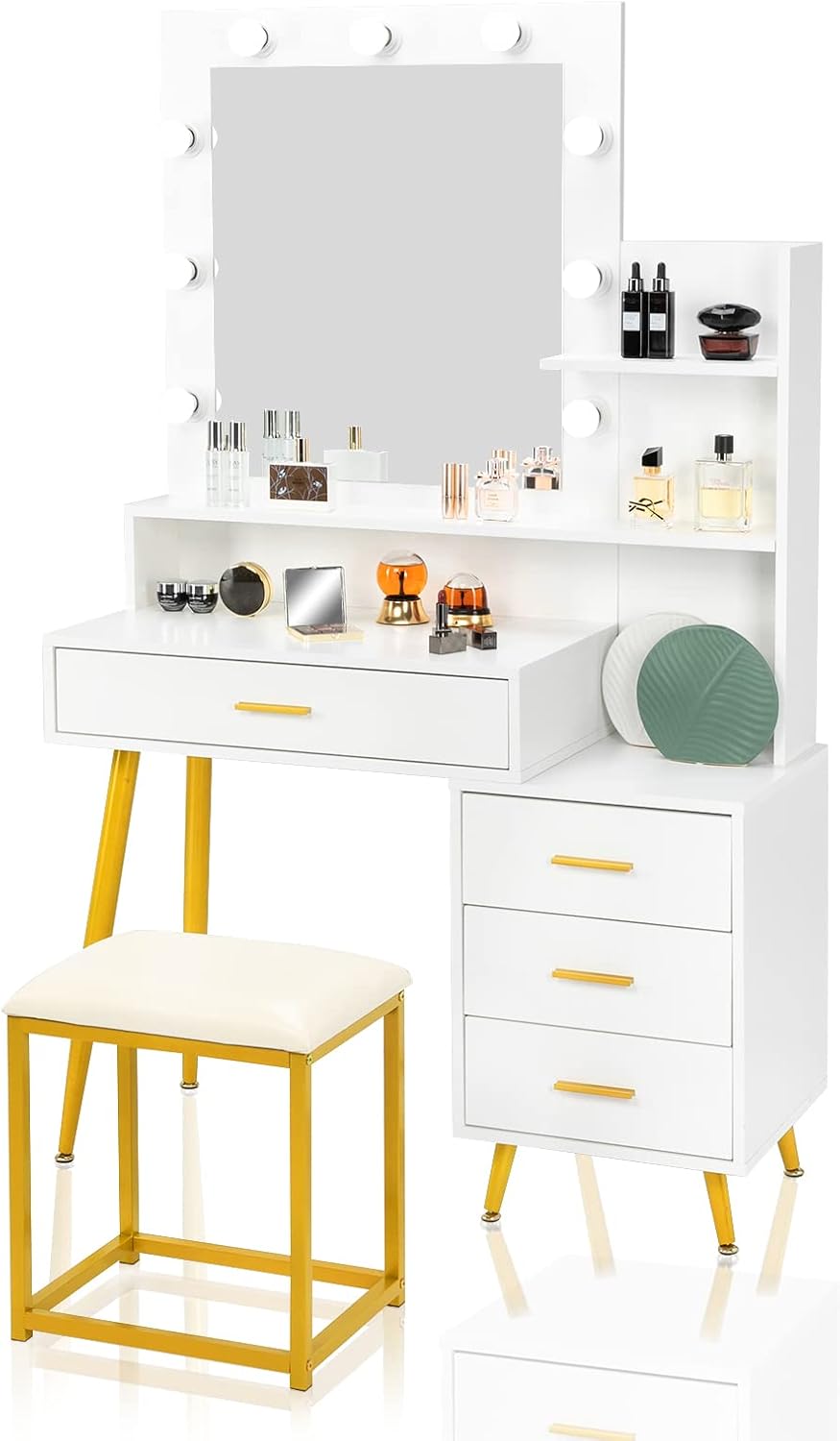 VINGLI Vanity Set with Lighted Mirror，Makeup Vanity Table Set with 9 LED Lighting Bulbs, Storage Shelf & Drawers and Stool for Women & Girls, Modern Dressing Table for Bedroom, White & Gold