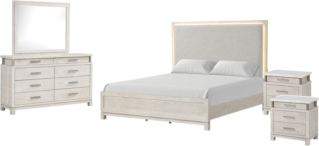 Furniture of America Bailer Modern Solid Wood 5-Piece Bedroom Set with LED on Headboard, Stainless Steal Posts and Marble Top on Nightstand, Box Spring Needed, King, Weathered Gray