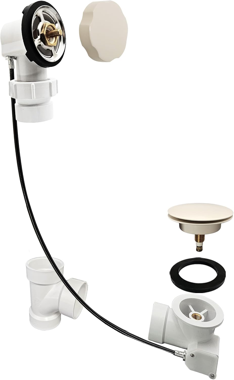Westbrass A50P45BJ-65 1-1/2' Sch. 40 PVC 45' Cable Driven Bath Waste Kit with Ball Joint Head and Brass Trim Drain Kit, Biscuit