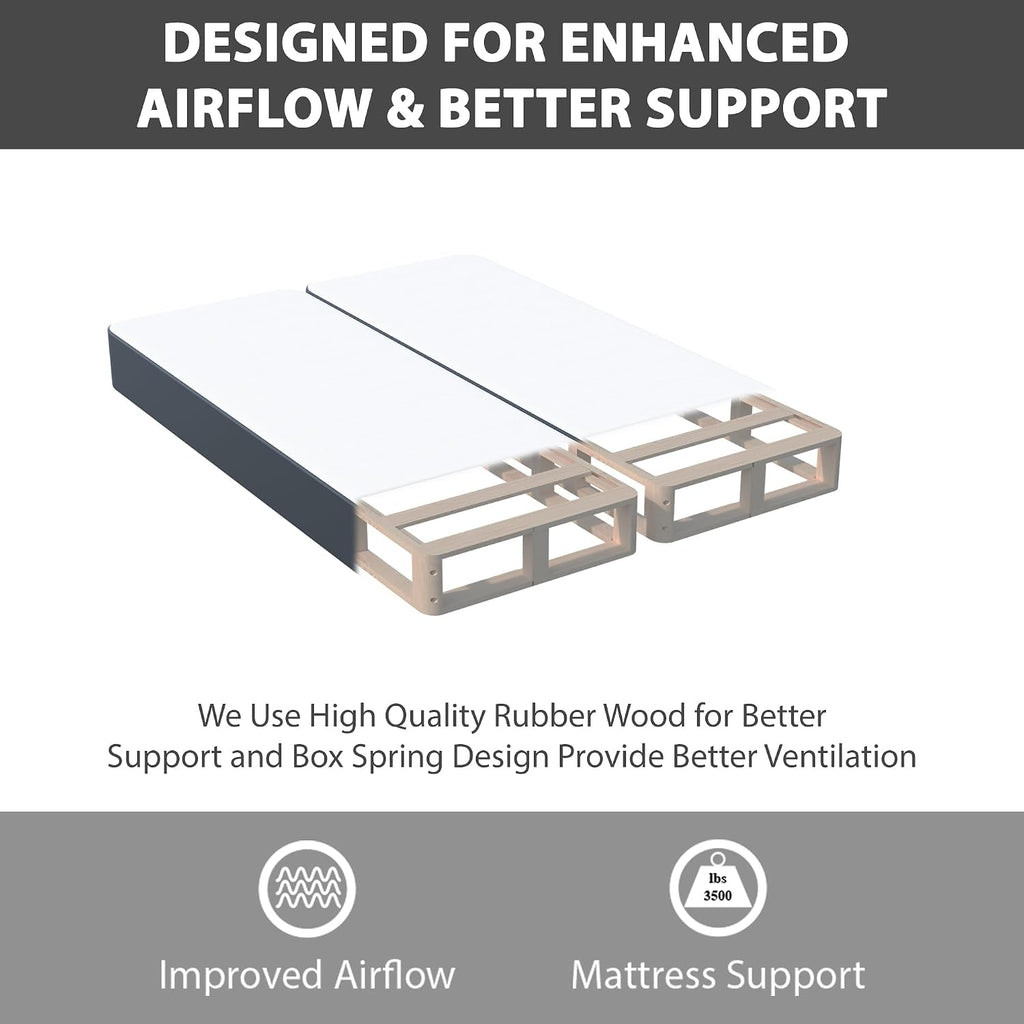 Greaton, Box Spring Bed Base Full Size, 4-Inch Wood Mattress Foundation – Amish Made in USA – Quiet Noise Free, 2-Pieces Under Mattress-Support BoxSpring, Fully Assembled, Gray