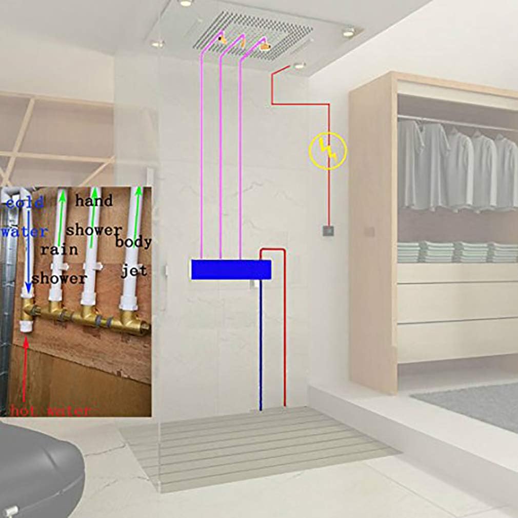 Cascada Classic Design 31 Inch (600mmx800mm) Large Rain Shower Set with Waterfall LED Rectangle recessed ceiling-mount 4 Function shower head, Stainless Steel Polished Finish