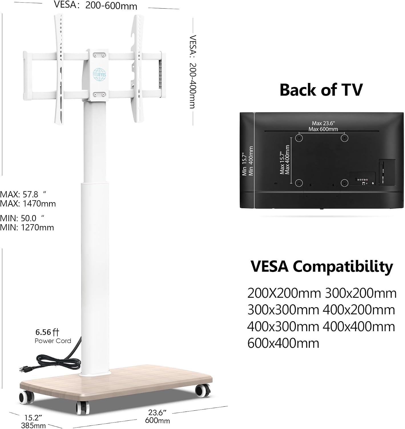 FITUEYES Rolling TV Stand with Power Outlets, Swivel Portable TV Stand for 32-70 Inch LCD LED OLED Flat/Curved Panel Screen TVs, Height Adjustable&Wood Base, Mobile TV Cart Holds up to 88Lbs