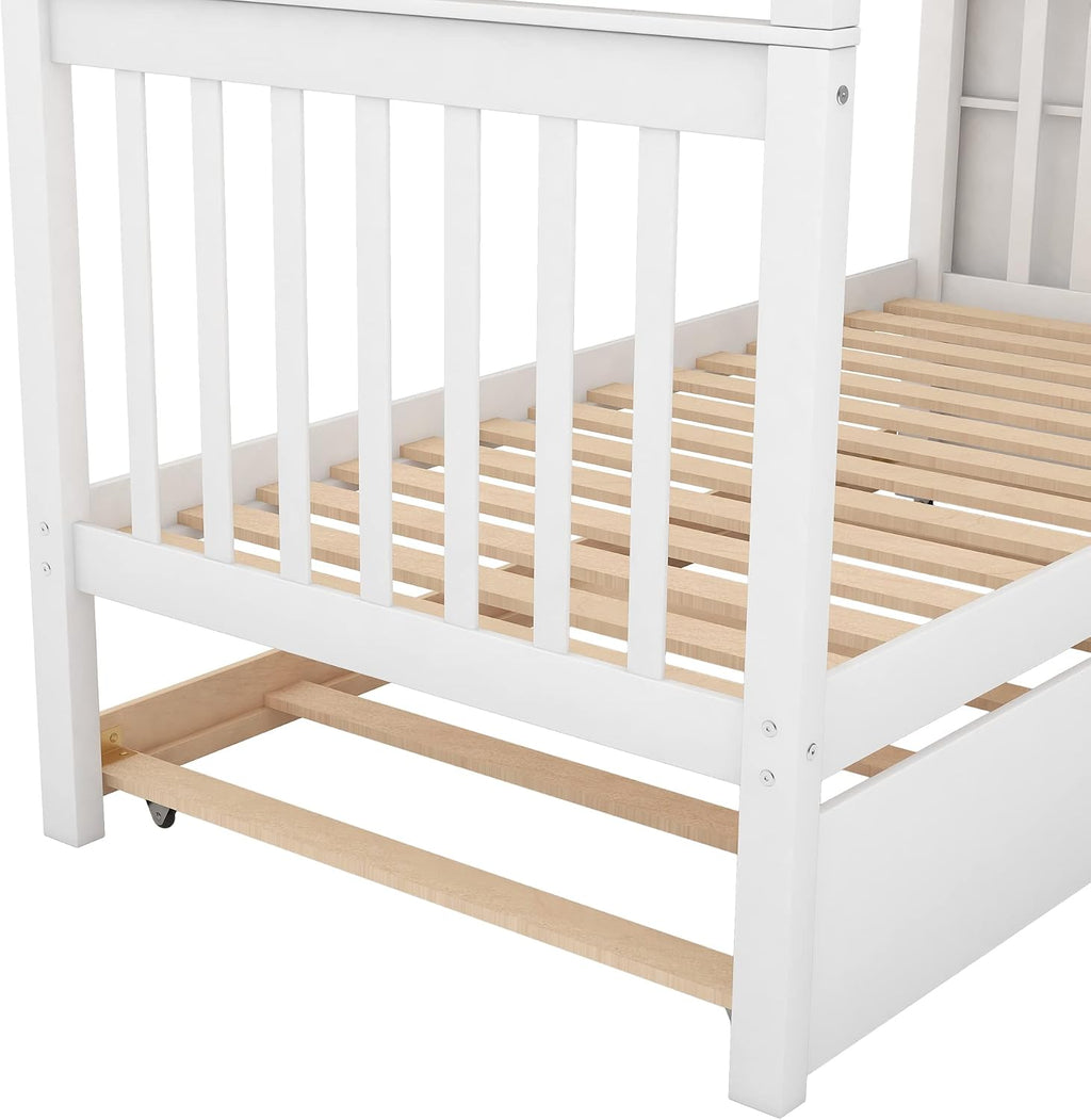 Solid Wood Twin Over Twin Bunk Bed with Trundle, Staircase, 4 Storage Shelves and Guard Rail, Can be Split Into 3 Separate Beds, No Box Spring Needed (White+3 Bed)