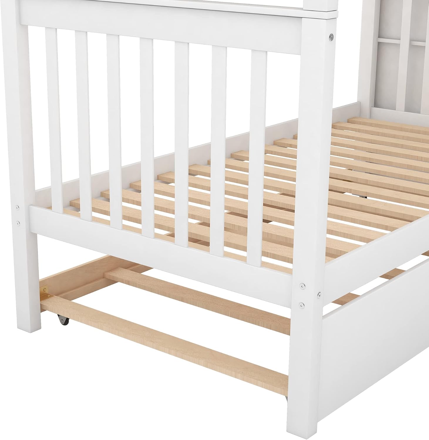 Solid Wood Twin Over Twin Bunk Bed with Trundle, Staircase, 4 Storage Shelves and Guard Rail, Can be Split Into 3 Separate Beds, No Box Spring Needed (White+3 Bed)