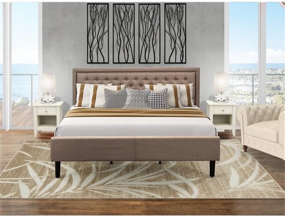 East West Furniture KD16K-2GA0C 3 Piece Wooden Bedroom Set-1 Modern Bed Frame Brown Linen Fabric Padded and Button Tufted Headboard with 2 Wire Brushed Butter Cream Finish Nightstand