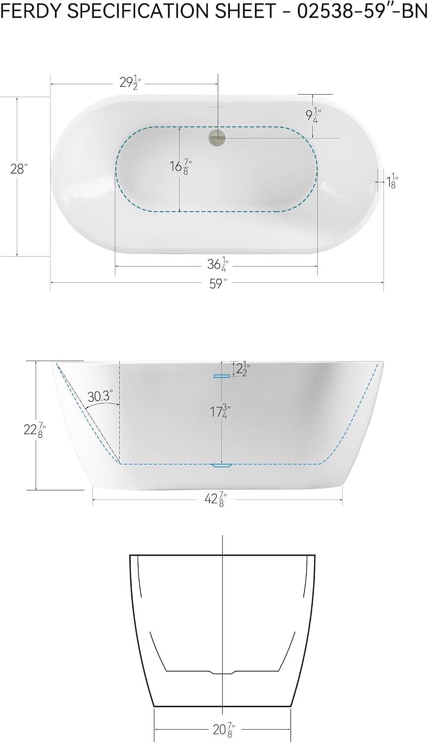 FerdY Bali 59' Acrylic Freestanding Bathtub, Gracefully Shaped Freestanding Soaking Bathtub with Brushed Nickel Drain & Minimalist Linear Design Overflow, Glossy White, cUPC Certified