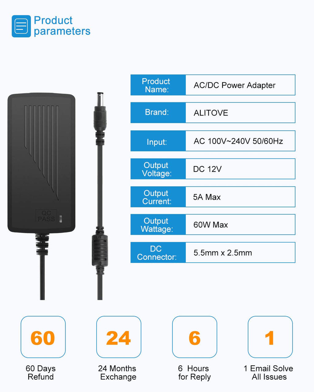 ALITOVE 12 Volt Power Supply 12V 5A Power Adapter AC 100-240V to DC 12V 60W Converter LED Driver Transformer with 5.5x2.5mm Plug for LED Strip Light CCTV Camera Webcam Router Radio transceiver,10pack