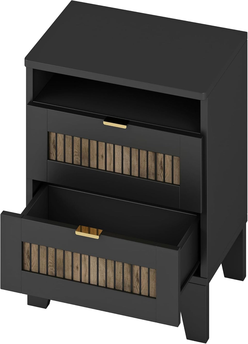 JIJIWANG 4-Pieces Bedroom Sets, Queen Size Farmhouse Platform Bed with Wooden Strip Stickers Decoration, Storage Nightstand and Dresser with Metal Handle, Black