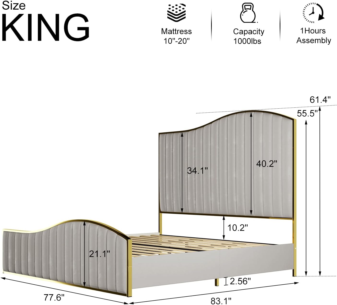 HOWE King Size Harp Bed Frame with 61.4' Extra Tall Curved Headboard, Velvet Upholstered Platform Bed with Gold Trim Accented Footboard, No Box Spring Needed, Wooden Slat Support, Light Grey