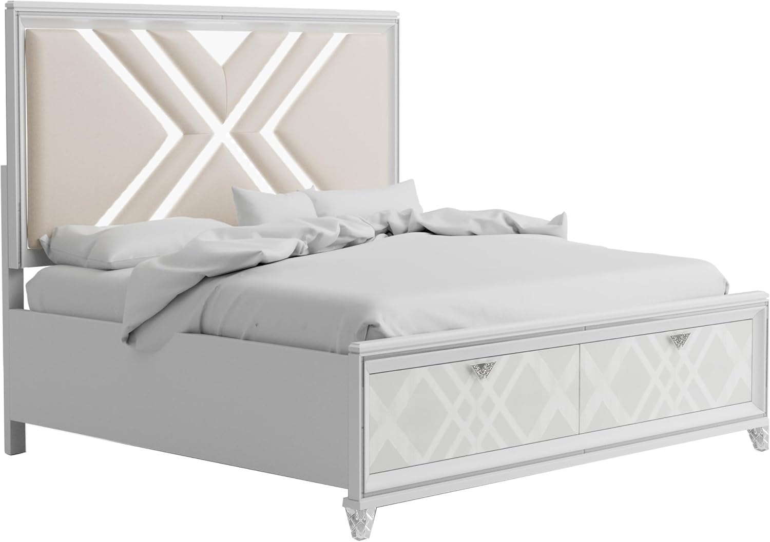 HOMES: Inside + Out Quasar Modern Wood 5-Piece Bedroom Set with LED Lights in Headboard and Mirror, USB Charger Behind Nightstand, Hidden Jewelry Drawers for Bedroom, Queen, White