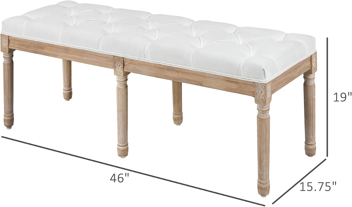 HOMCOM Bedroom End of Bed Bench, 46' Upholstered Entryway Bench with Button Tufted, Thick Padding and Wood Legs, French Vintage Style Linen-Feel Ottoman Bench for Hallway, Living Room, Cream White