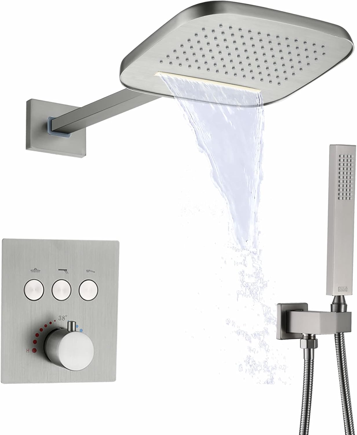 cUPC Certificatin Thermostatic Waterfall Rain Shower System With Headheld Spray Brass Wall Mounted Rainfall Shower Head (Can Use All Options at A Time)