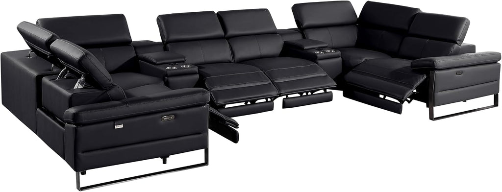 BlackJack Furniture Antonio 8 Piece U Shaped Power Reclining Sectional Sofa, Modular Couch with Top Grain Italian Leather, 4 Electric Recliners, USB & Wireless Chargers, Storage Console, Black